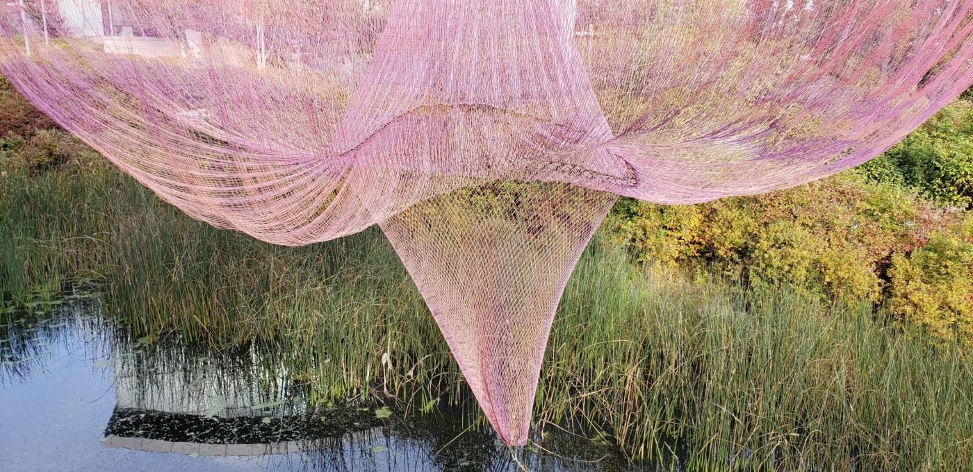 Pink net sculpture above a pond